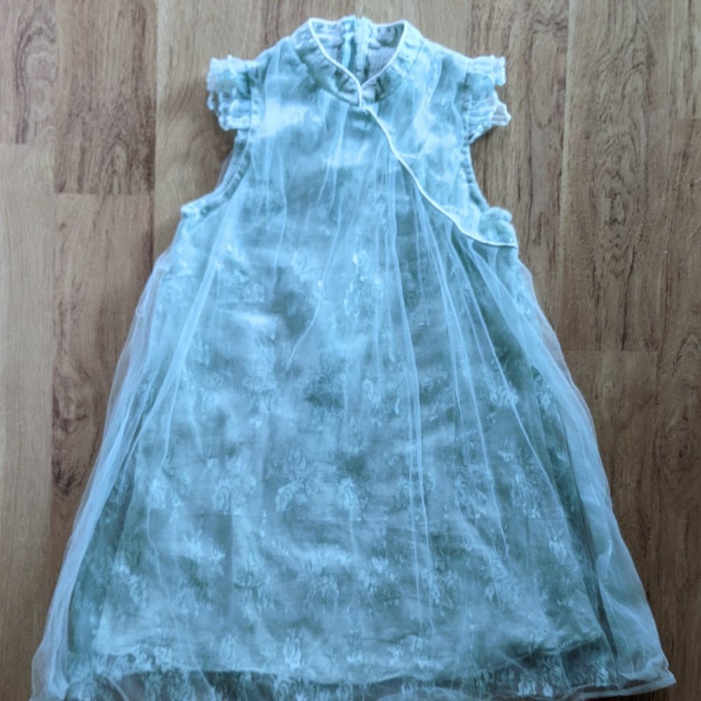 Girl 6 7 8 Green Blue Cap Sleeve Lace Mesh Dress Asian Style Lined